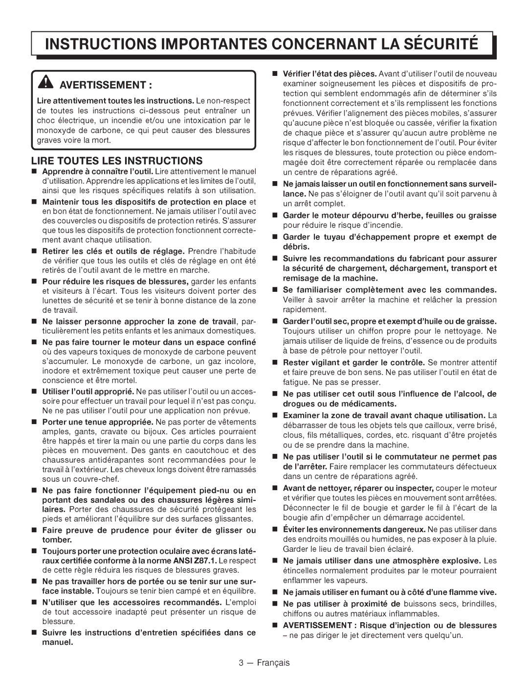 Homelite UT80835, UT80933 Instructions Importantes Concernant LA Sécurité, Avertissement , Lire Toutes LES Instructions 